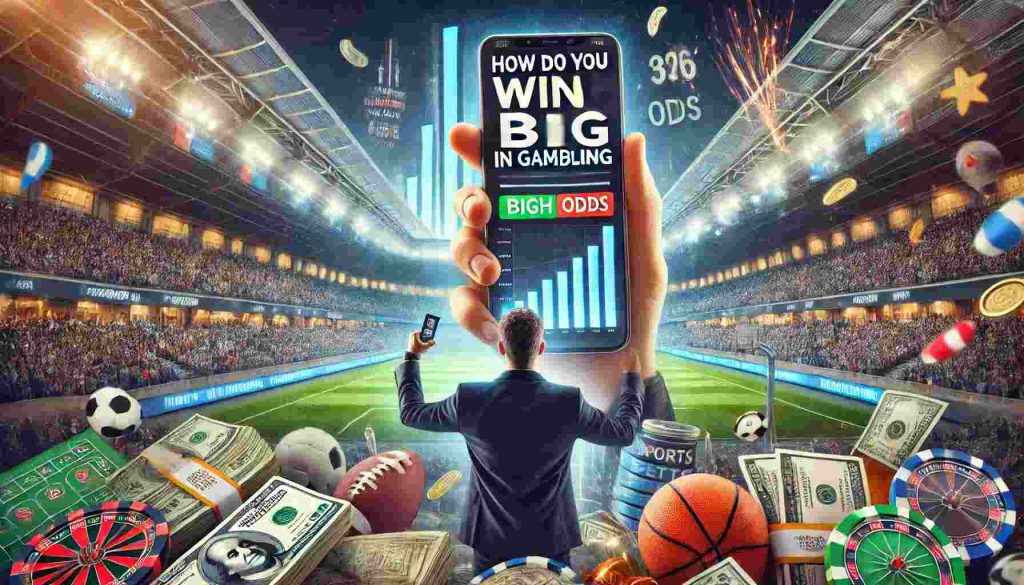 DALL·E 2024 09 07 20.24.07 A professional and realistic thumbnail for the keyword How do you win big in gambling with a sports betting theme. The scene features a person celeb 1024x585 1